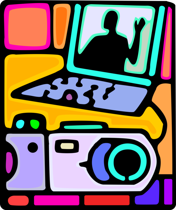 Vector Illustration of Optical Photography Camera Captures Photographic Images with Transfer to Computer
