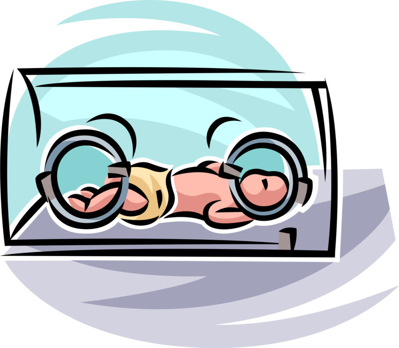 Vector Illustration of Premature Newborn Infant Baby in Hospital Maternity Ward Incubator