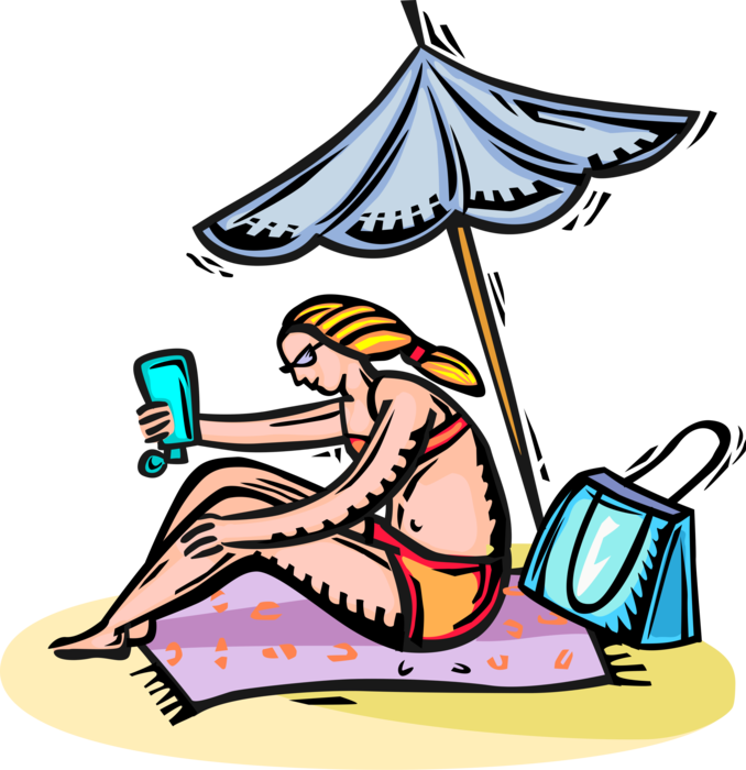 Vector Illustration of Woman at Beach Applies Sunscreen Sun Block Suntan Lotion on Body Under Shade Umbrella 