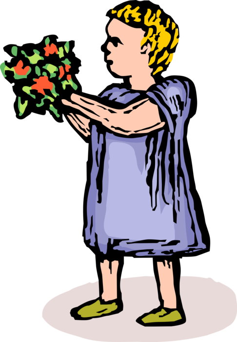 Vector Illustration of Little Girl with Bouquet of Fresh Flowers