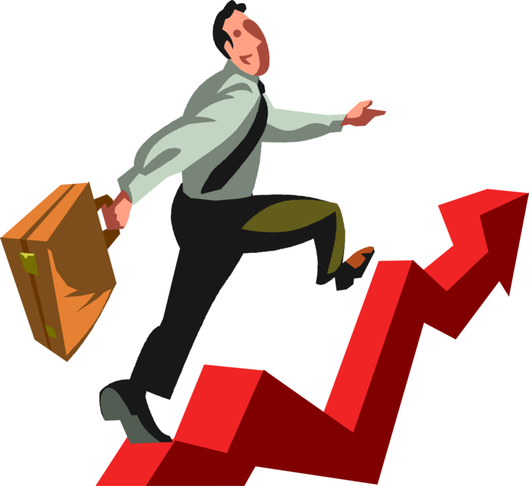 Vector Illustration of Businessman Climbs Corporate Growth Chart Arrow to Increased Profit Margins