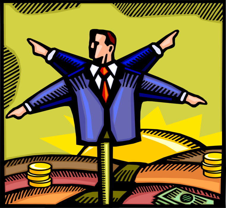 Vector Illustration of Businessman Prognosticator Weather Vane or Weathercock Forecasts Economic Growth with Cash Money Coins