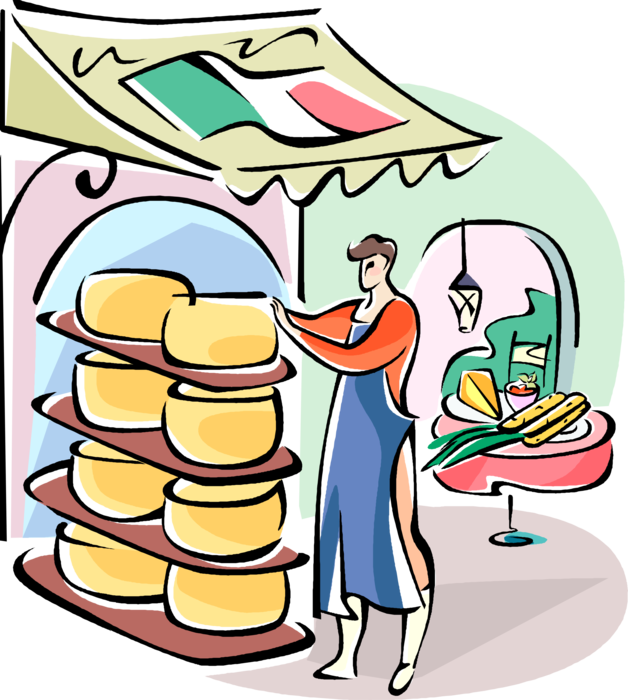 Vector Illustration of Italian Cheese Maker Vendor with Dairy Cheese Products