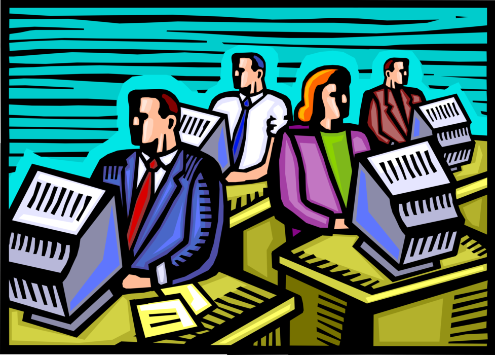 Vector Illustration of Office Workers Engaged in Workday Activities at Desks with Computers
