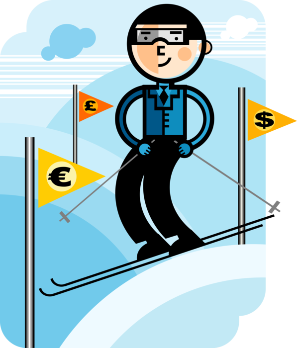 Vector Illustration of Businessman Competitive Downhill Slalom Skier Skis Around Financial Barrier Gates to Corporate Profitability