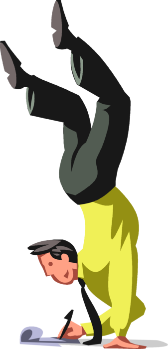 Vector Illustration of Agile Businessman in Inverted Vertical Handstand Works on Computer