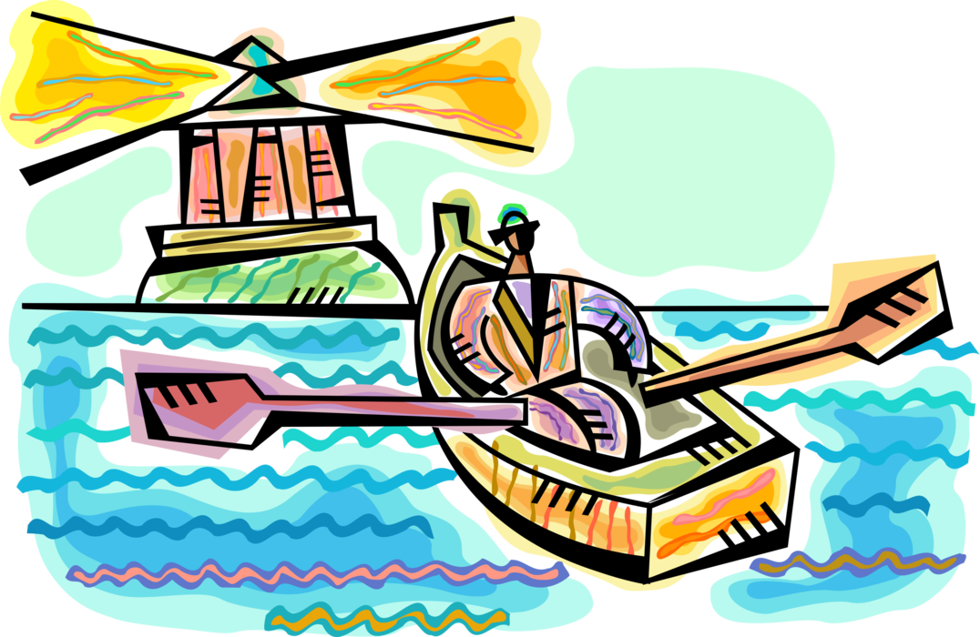 Vector Illustration of Rower in Rowboat with Lighthouse Beacon Emits Light as Navigational Aid for Maritime Vessels