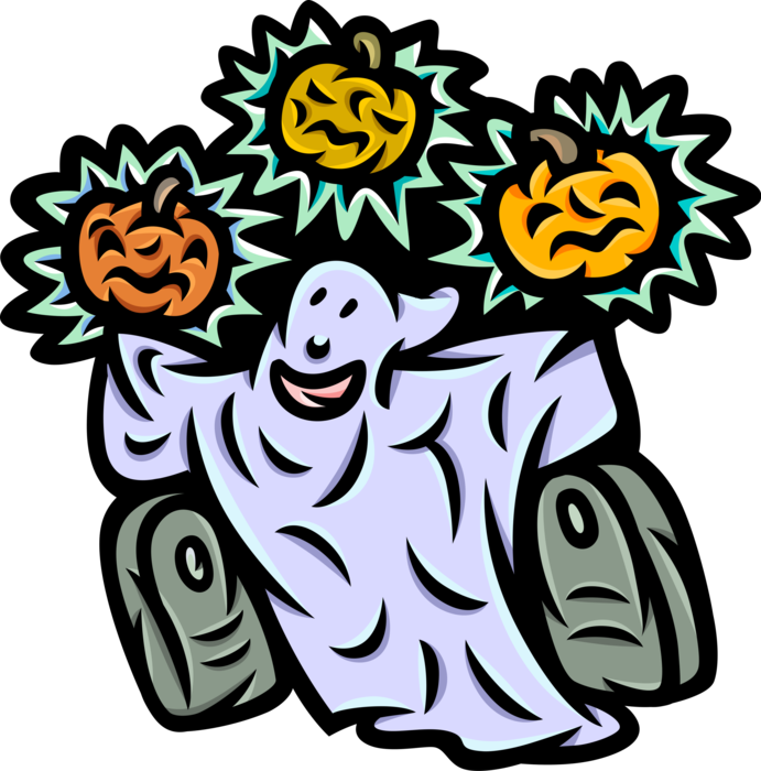 Vector Illustration of Halloween Goblin Ghost Phantom, Apparition, Spirit, Spook with Jack-o'-Lanterns and Grave Stones