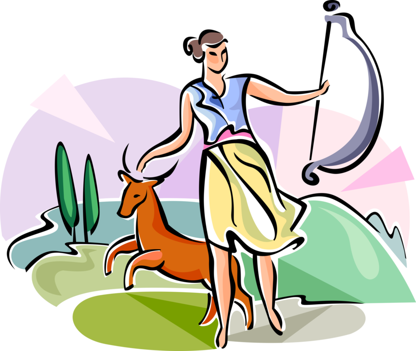 Vector Illustration of Roman Mythology Diana, Goddess of the Hunt, Moon, and Nature 