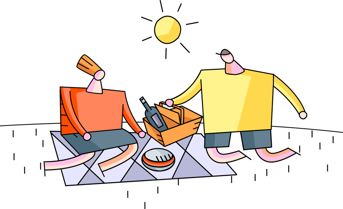 Vector Illustration of Couple Enjoy Outdoor Picnic Meal on Blanket with Food Hamper Basket and Wine