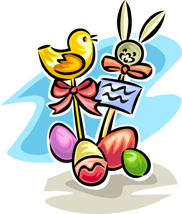 Vector Illustration of Colored Easter Eggs, Bunny Rabbit and Yellow Chick Bird