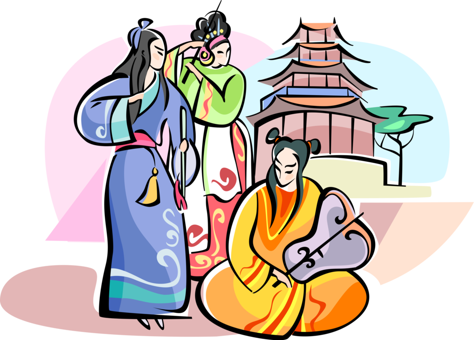 Vector Illustration of Chinese Musicians Play Musical Instruments in Traditional Costumes