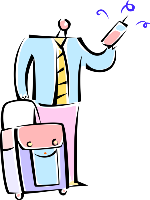 Vector Illustration of Business Air Traveler with Baggage Suitcase Takes Call on Mobile Smartphone Phone