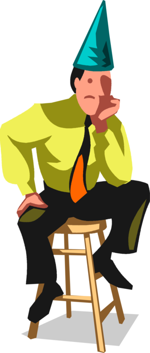 Vector Illustration of Ridiculed, Ostracized, Stupid Businessman Sits Alone Wearing Idiot's Dunce Cap
