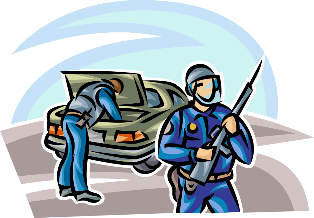 Vector Illustration of Homeland Security Law Enforcement Officers Search Automobile Motor Vehicle Car Trunk