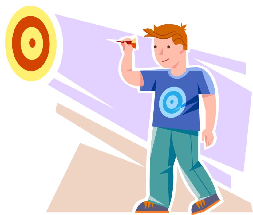Vector Illustration of Young Adolescent Boy Plays Darts with Dart and Dartboard