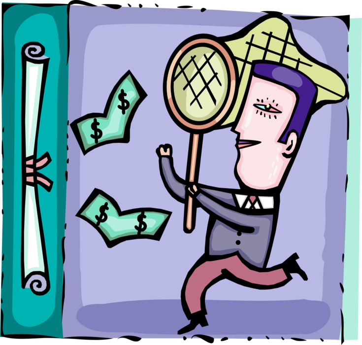 Vector Illustration of Businessman Chases Corporate Financial Profit Cash Money Dollars with Butterfly Net