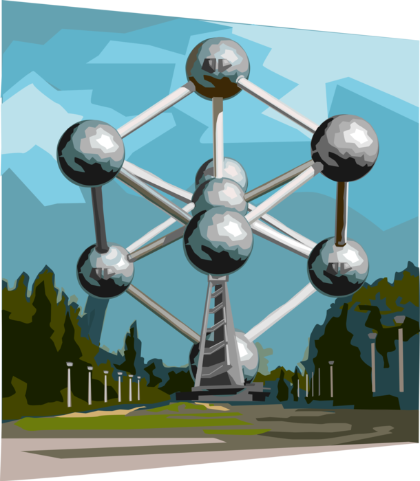Vector Illustration of Atomium Building Constructed for Expo 58 1958 Brussels World's Fair, Iron Crystal with 9 Atoms