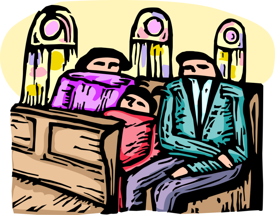 Vector Illustration of Family Parishioners Sit in Church Pew at Religious Service