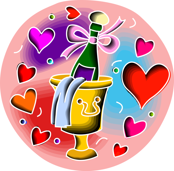 Vector Illustration of Champagne Carbonated Sparkling Wine Chilling in Bucket with Love Hearts