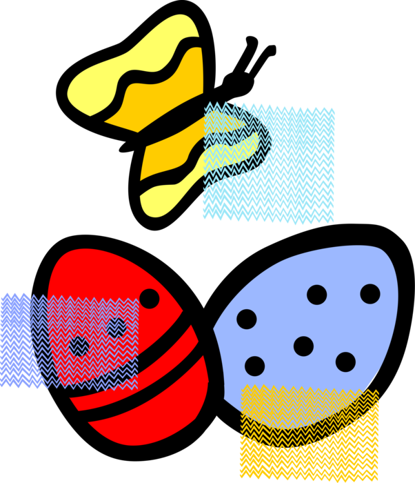 Vector Illustration of Decorated Colored Easter or Paschal Eggs and Butterfly Insect
