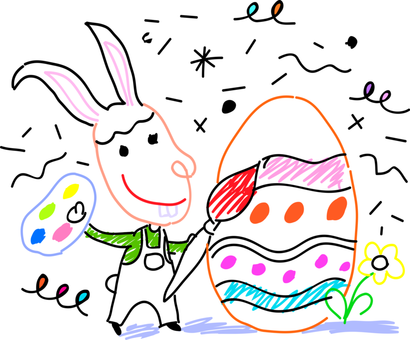 Vector Illustration of Pascha Easter Bunny Rabbit Paints and Decorates Easter Egg with Paintbrush