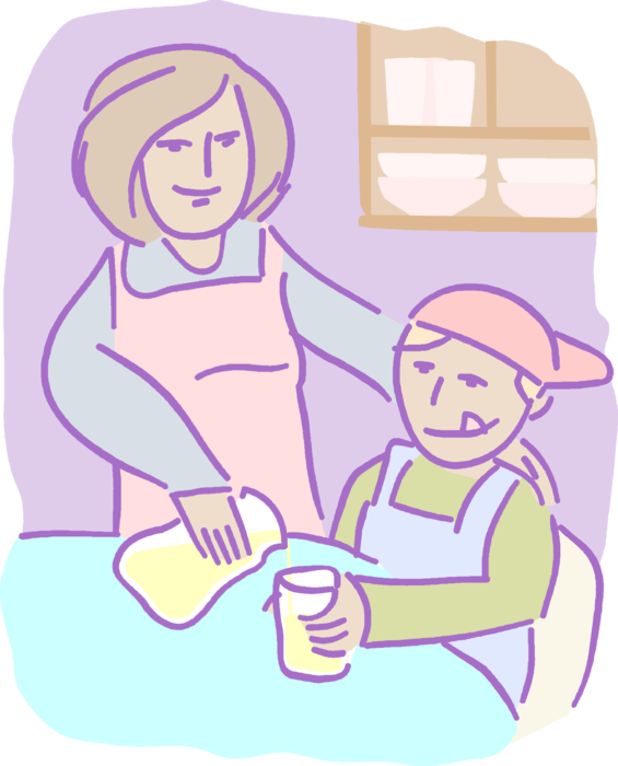 Vector Illustration of Mother Pours Glass of Orange Juice for Son