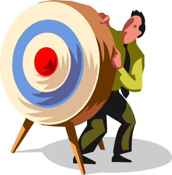 Vector Illustration of Timid, Terrified Businessman Hides Behind Archery Bullseye or Bull's-Eye Target