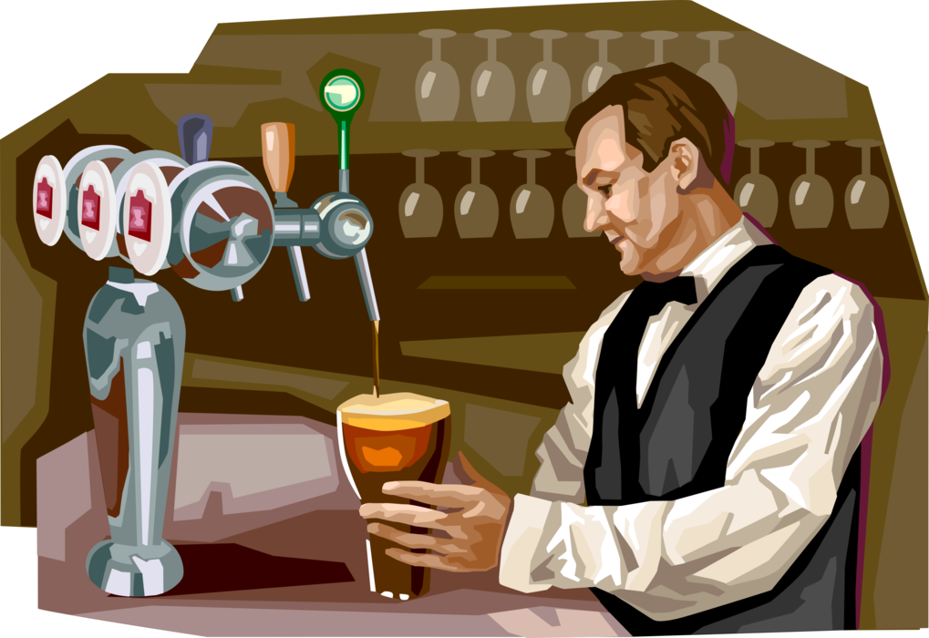 Vector Illustration of Brussels Bar Scene with Waiter Serving Beer, Belgium