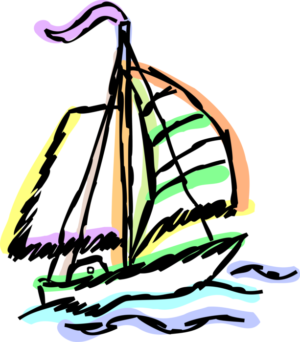 Vector Illustration of Sailboat Watercraft Vessel with Sails Sailing in Ocean Waves