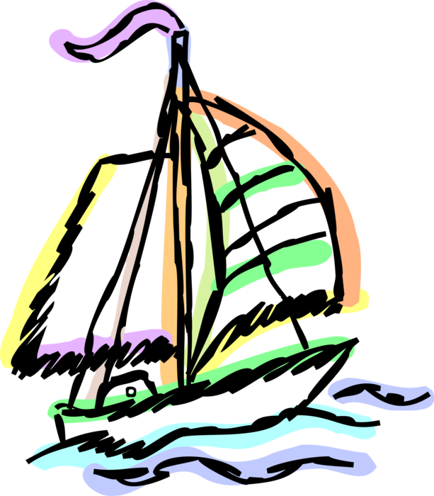 Vector Illustration of Sailboat Watercraft Vessel with Sails Sailing in Ocean Waves