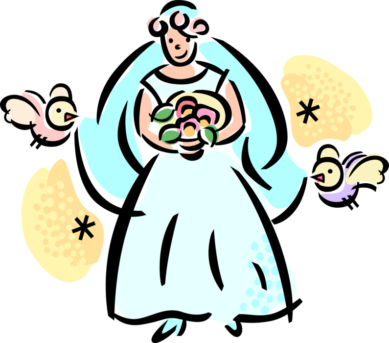 Vector Illustration of Wedding Day Bride with Marriage Bridal Bouquet of Flowers and Birds Holding Veil