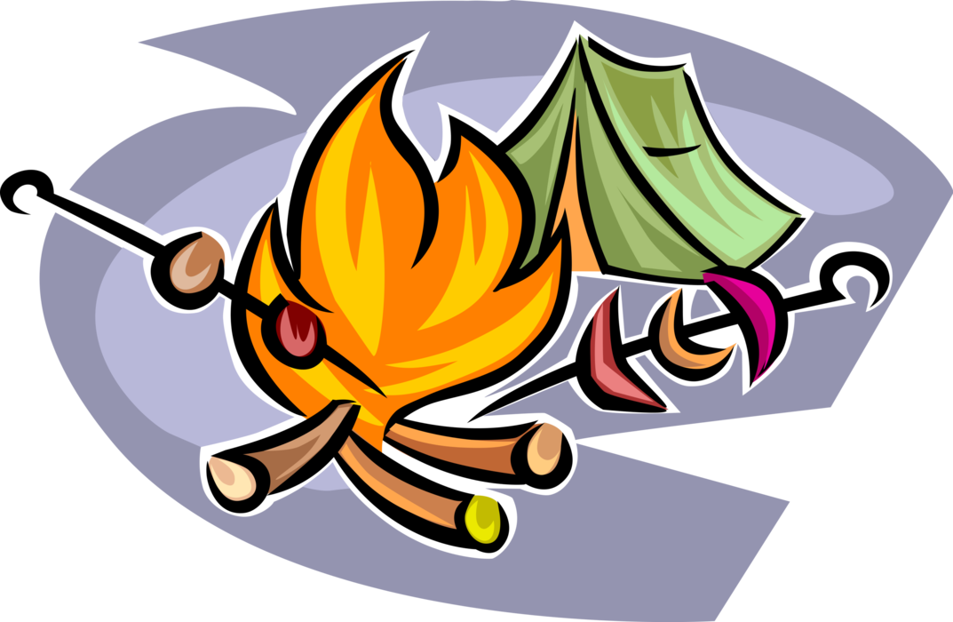 Vector Illustration of Outdoor Recreational Activity Campfire Fire at Campsite with Tent Shelter Provides Light and Warmth