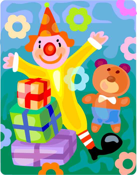 Vector Illustration of Birthday Present Gifts with Clown and Stuffed Animal Teddy Bear