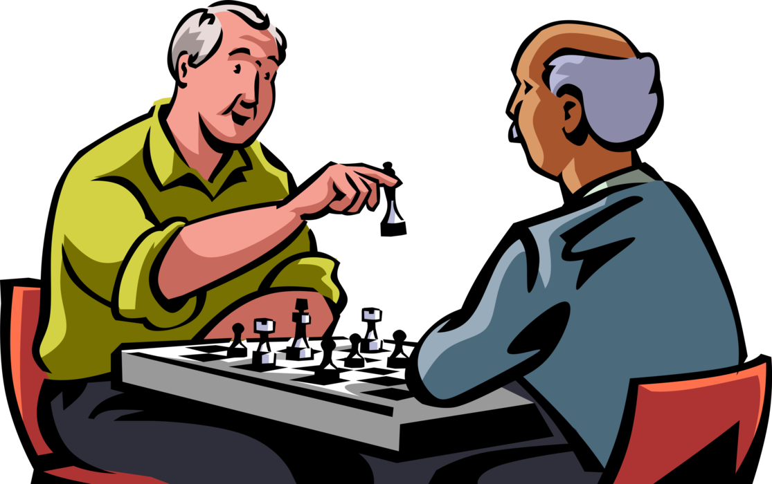 Vector Illustration of Retired Elderly Senior Citizens Play Game of Chess with Checkmate