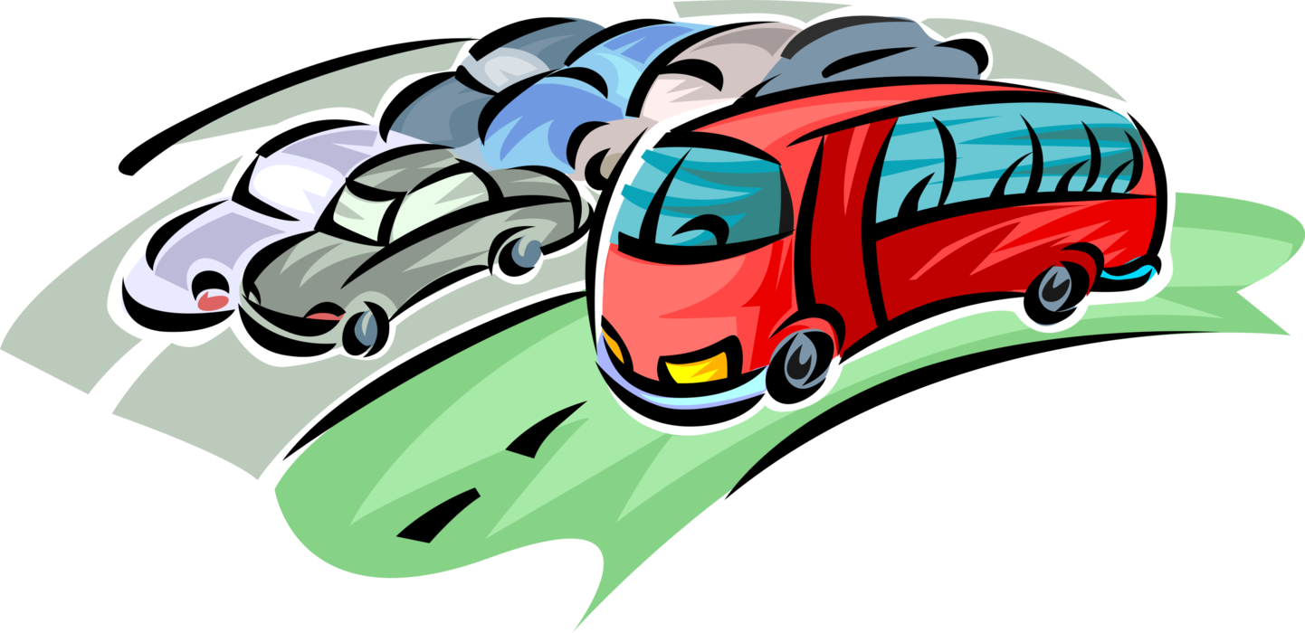 Vector Illustration of Clogged Roadways with Automobile Vehicle Cars and Rapid Transit Passenger Bus