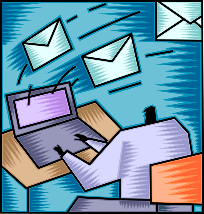 Vector Illustration of Businessman Sends Internet Electronic Mail Email Correspondence @ Symbol to Exchange Digital Messages