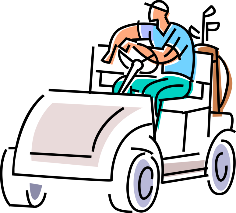 Vector Illustration of Sport of Golf Golfer Waits in Electric Golf Cart on Golf Course During Golfing Round