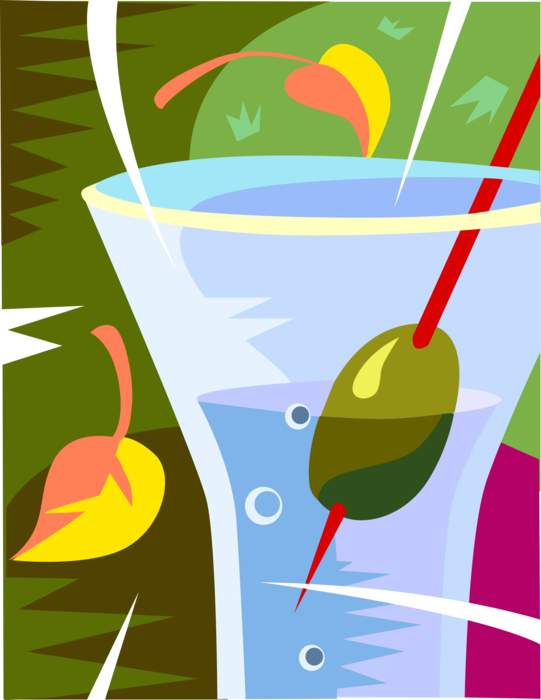 Vector Illustration of Alcohol Beverage Mixed Drink Martini Cocktail with Olive