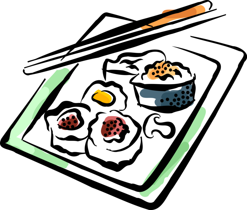 Vector Illustration of Japanese Vinegared Rice Sushi Dinner with Chopsticks