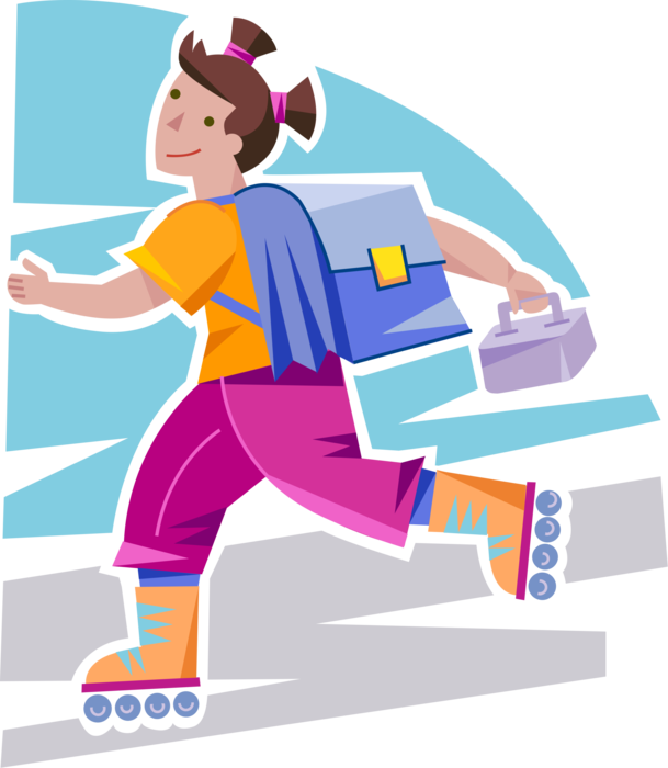 Vector Illustration of Primary or Elementary School Student Girl Rollerblading to School with Knapsack Schoolbag and Lunchbox