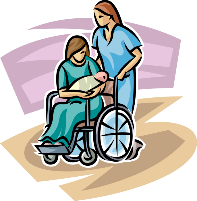 Vector Illustration of Newborn Infant Baby with New Mother in Wheelchair with Health Care Nurse