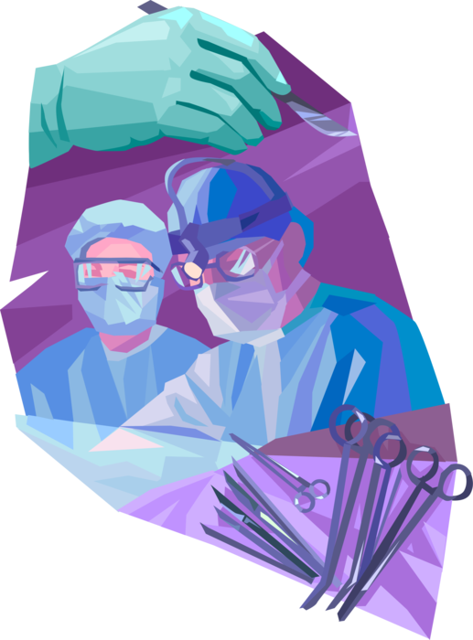 Vector Illustration of Health Care Professional Doctor Physicians in Hospital Operating Room Surgery with Scalpel and Surgical Clamps