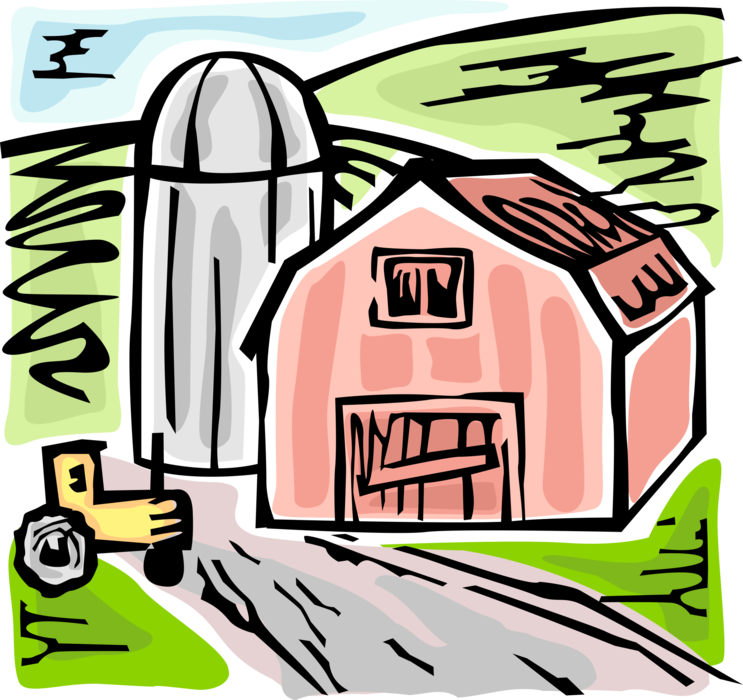 Vector Illustration of Farming Operation Barn with Farm Equipment Tractor and Grain Storage Silo
