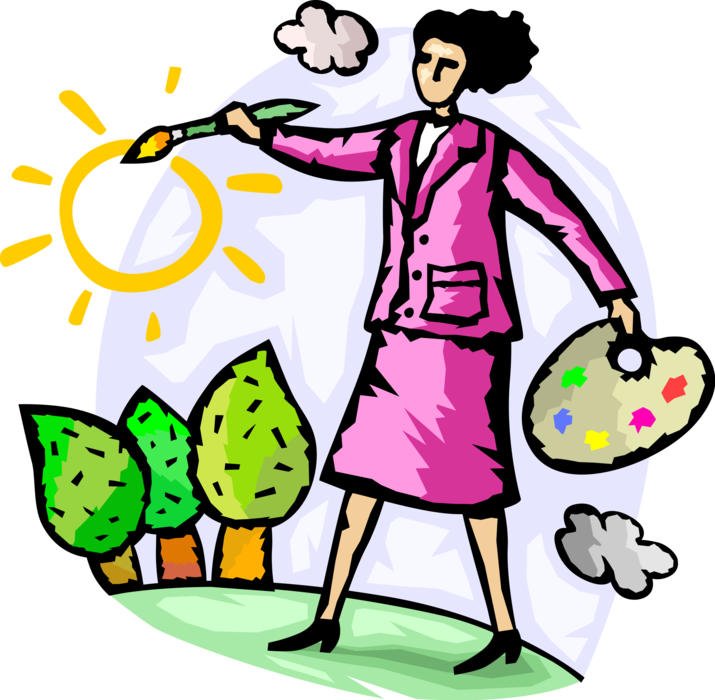 Vector Illustration of Optimistic Businesswoman Paints Sunny Outlook Sunshine with Paintbrush and Palette
