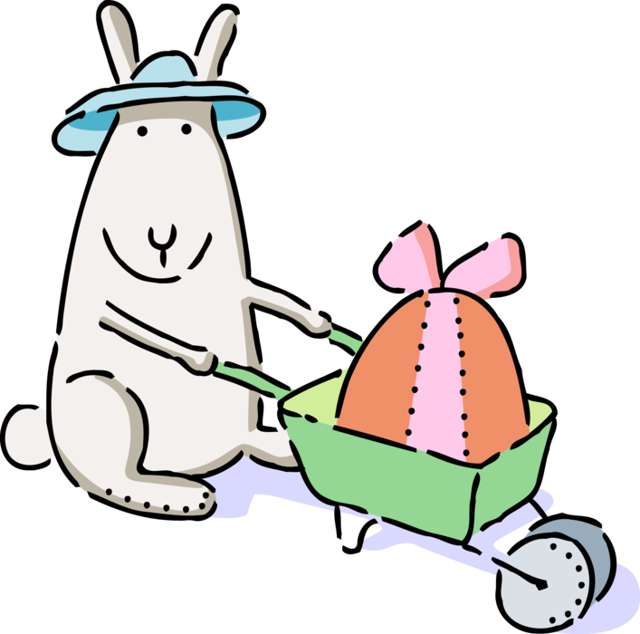 Vector Illustration of Pascha Easter Bunny Rabbit Pushes Wheelbarrow with Decorated Easter Egg 