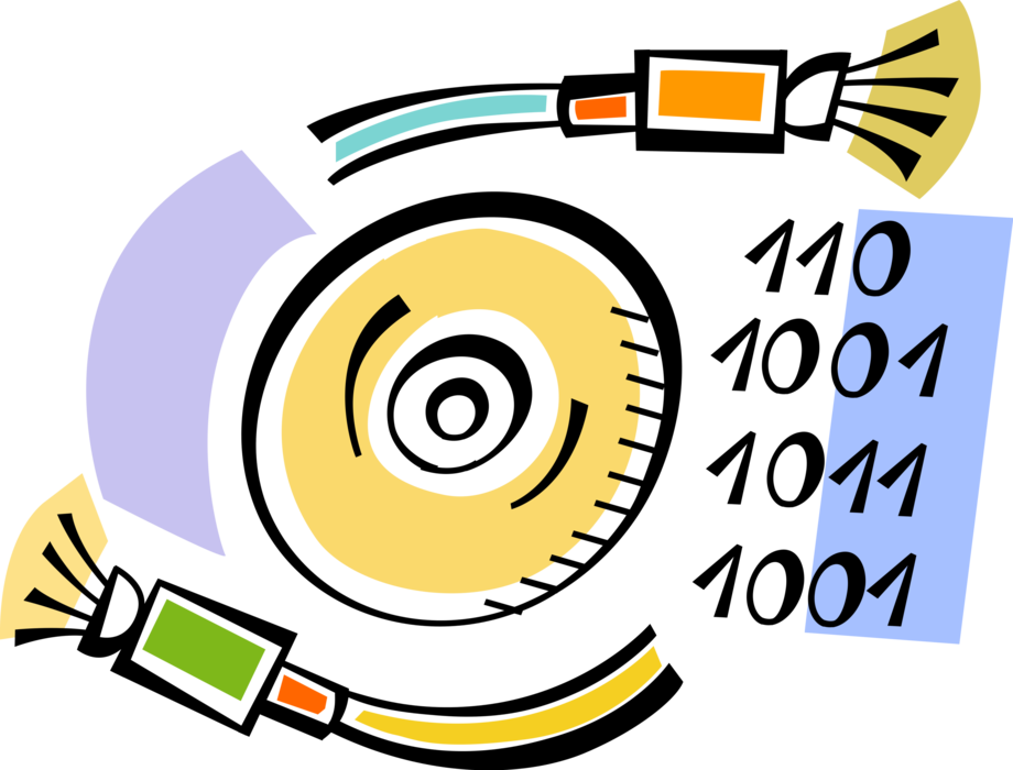 Vector Illustration of Optical Fibers Transmit Binary Code Data as Light Signals in Fiber-Optic Communications