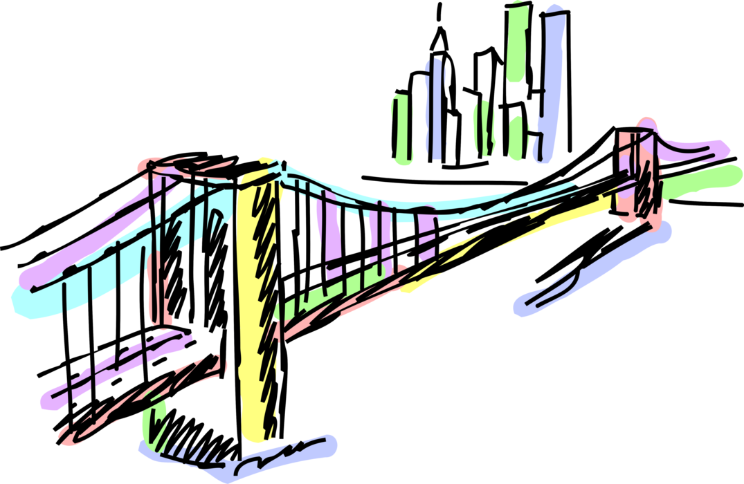 Vector Illustration of Brooklyn Bridge Cable Suspension Bridge Links Manhattan and Brooklyn, New York City 