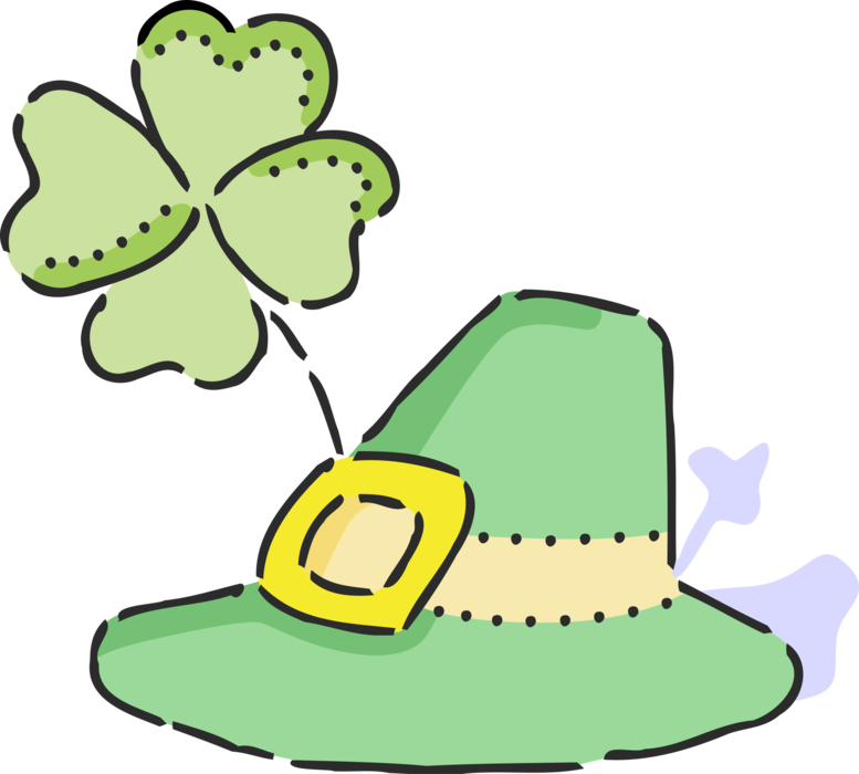 Vector Illustration of St Patrick's Day Leprechaun's Hat with Four-Leaf Clover Lucky Shamrock
