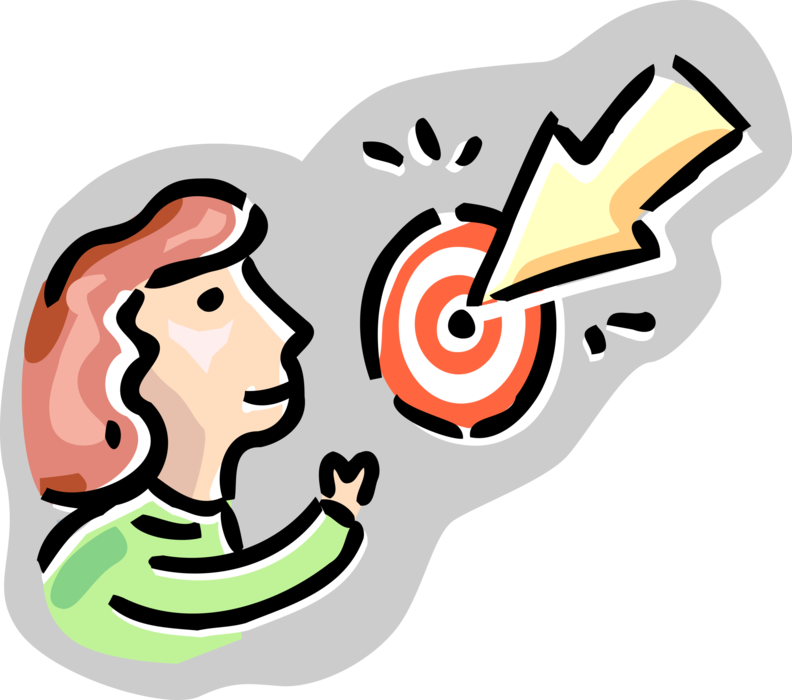 Vector Illustration of Salesperson with Sales Target Objective and Arrow in Bullseye or Bull's-Eye